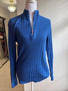 Tommy Hilfiger Royal Blue Cable-Knit Half-Zip Turtleneck Sweater